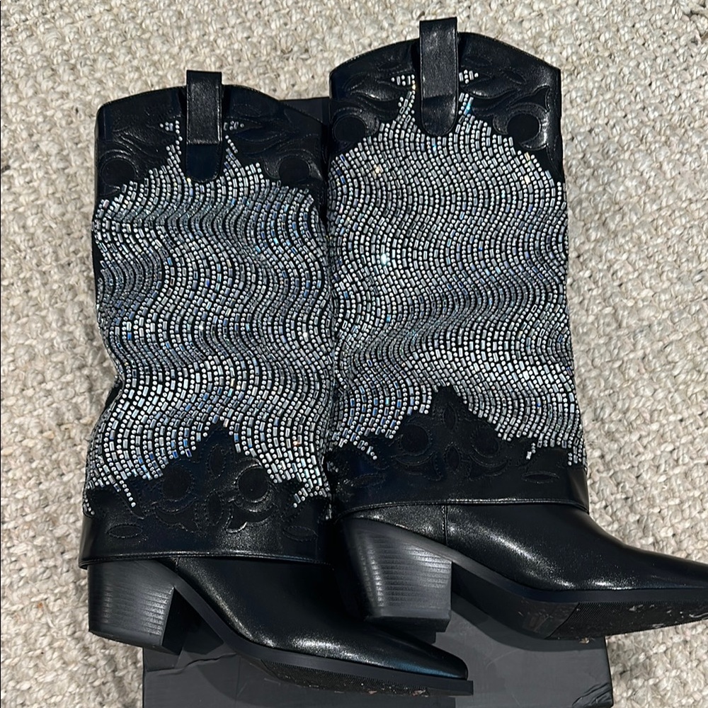 Black and Silver Embellished Cowboy Boots
